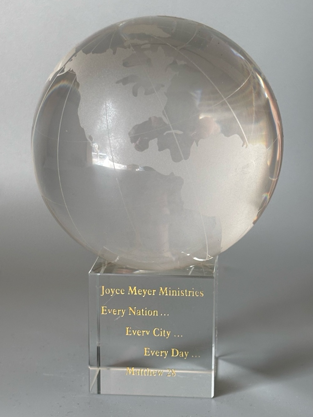 Clear Crystal Globe Paperweight on Stand 3.5” ~ Joyce Meyer Ministries